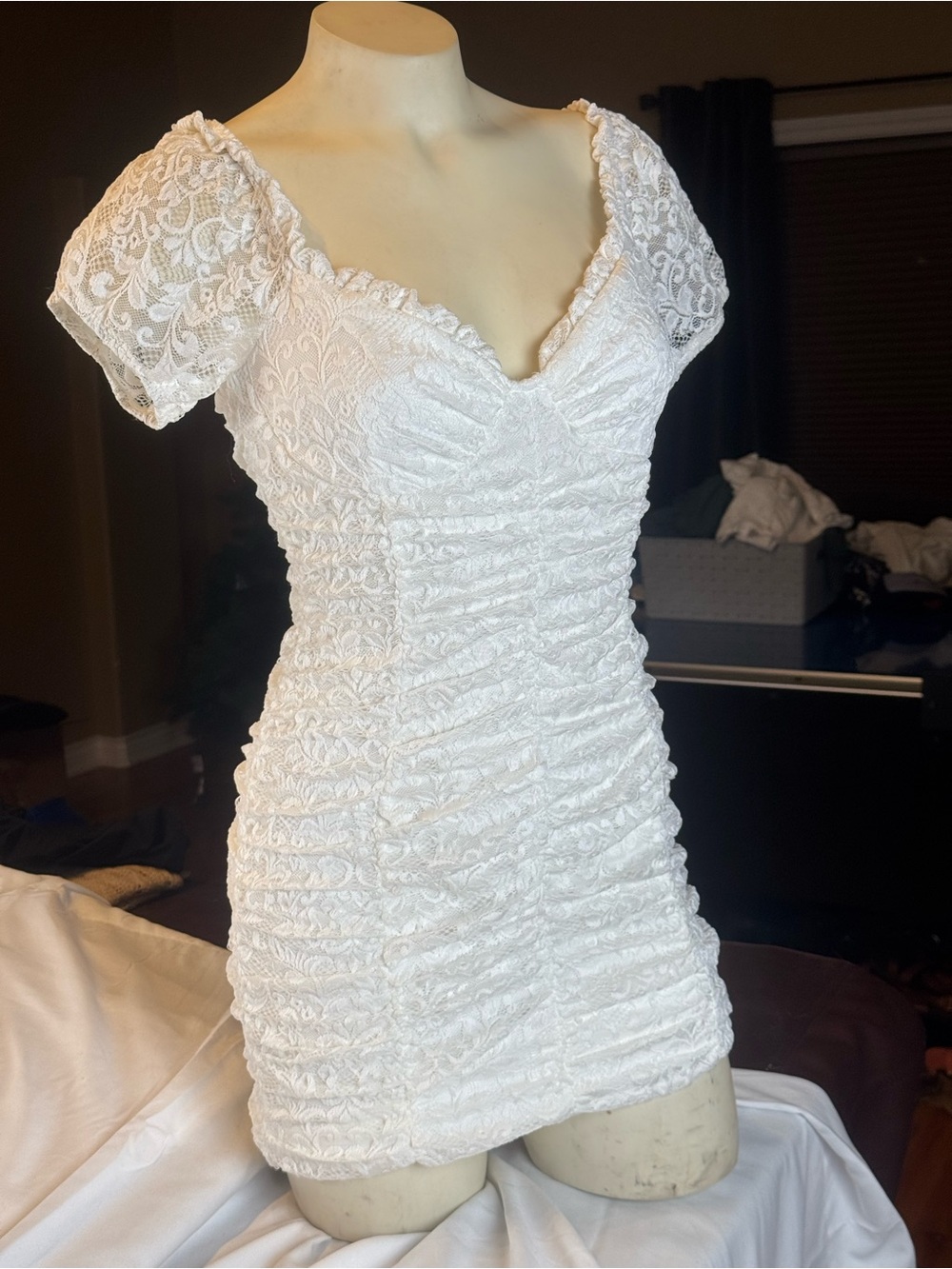 For Love & Lemons White Lace Ruched Mini Dress